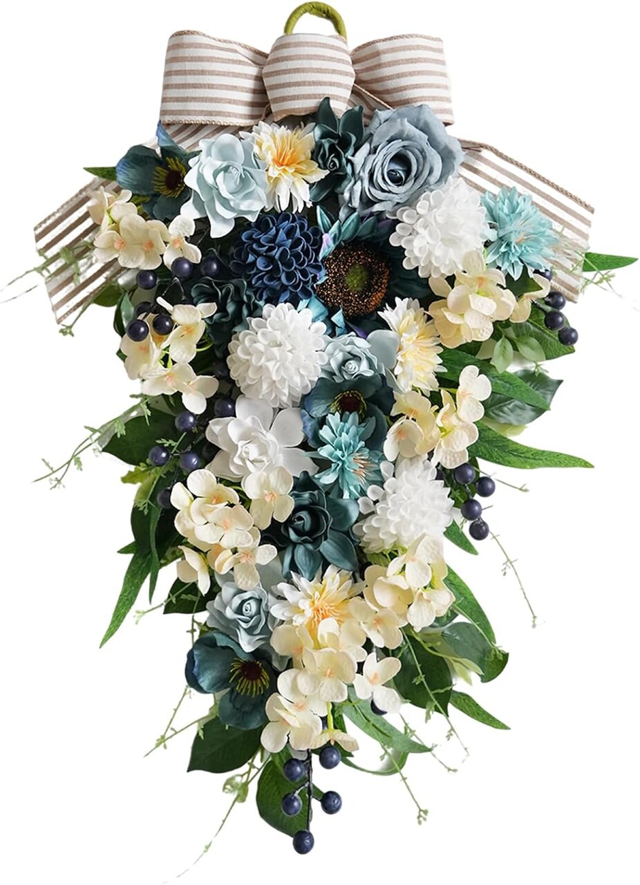 25" Spring Blue Rose Teardrop Floral Swag – Artificial Front Door, Window, Porch & Stair Railing Hanging Decoration for Indoor & Outdoor Home, Wedding & Holiday Décor